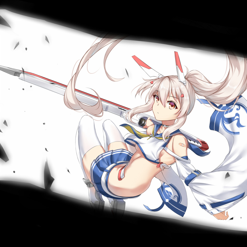 1girl ayanami_(azur_lane) azur_lane bandaid_on_arm blonde_hair breasts detached_sleeves hair_ornament hairclip highres long_hair looking_at_viewer pleated_skirt ponytail red_eyes skirt solo sword thigh-highs under_boob weapon white_background white_legwear wide_sleeves xin_(zinc)