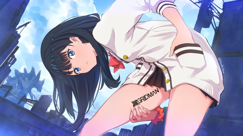 1girl bending_forward black_hair black_skirt blue_eyes closed_mouth hand_in_pocket highres long_hair long_sleeves looking_at_viewer school_uniform scrunchie shiitake_urimo shirt skirt solo ssss.gridman takarada_rikka wrist_scrunchie