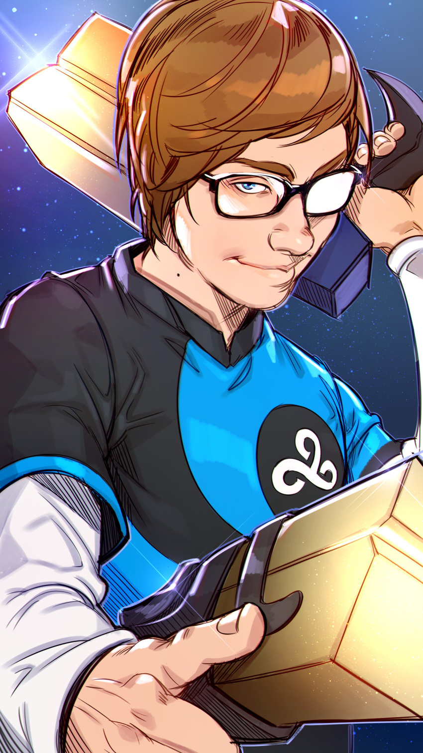 1boy absurdres black-framed_eyewear blue_background blue_eyes brown_hair cloud_9_(team) cosplay dual_wielding glasses glint gun hand_up handgun highres holding holding_gun holding_weapon league_of_legends league_of_legends_world_championship long_sleeves looking_at_viewer lucian_(league_of_legends) lucian_(league_of_legends)_(cosplay) male_focus mole mole_on_neck ohnips pistol short_over_long_sleeves short_sleeves sneaky_(gamer) solo upper_body weapon