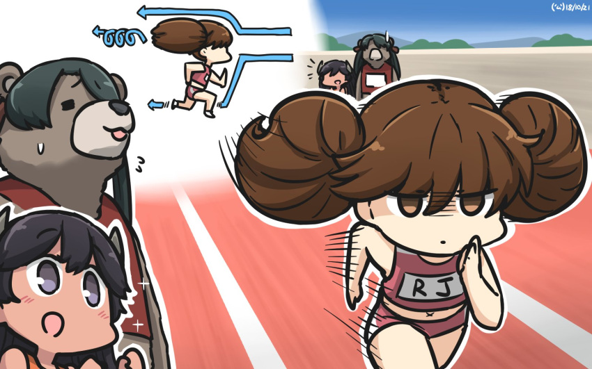 3girls alternate_costume animal animalization bear black_hair blush brown_eyes brown_hair dated directional_arrow hamu_koutarou highres i-400_(kantai_collection) kantai_collection long_hair mikuma_(kantai_collection) multiple_girls name_tag no_hat no_headwear open_mouth running ryuujou_(kantai_collection) short_hair sparkle speed_lines twintails violet_eyes