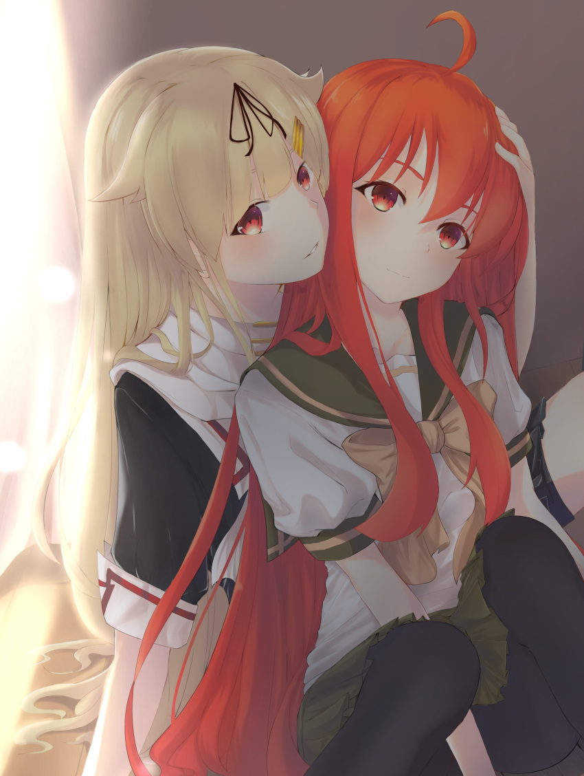 2girls absurdres ahoge black_legwear black_ribbon black_serafuku blonde_hair crossover green_sailor_collar green_skirt hair_flaps hair_ornament hair_ribbon hairclip highres kantai_collection long_hair looking_at_viewer multiple_girls neckerchief pleated_skirt red_eyes red_neckwear redhead remodel_(kantai_collection) ribbon sailor_collar scarf school_uniform serafuku shakugan_no_shana shana sitting skirt straight_hair thigh-highs white_scarf yuudachi_(kantai_collection) zeri_(zeristudio)