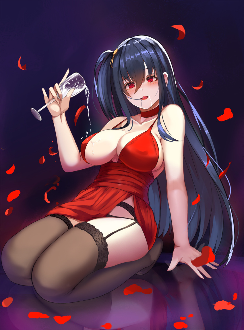 1girl :q azur_lane bare_shoulders black_background black_hair blush breasts brown_legwear champagne_flute collarbone cup dress drinking_glass garter_belt gg-e highres large_breasts long_hair looking_at_viewer petals red_dress red_eyes rose_petals side_ponytail solo taihou_(azur_lane) thighs tongue tongue_out