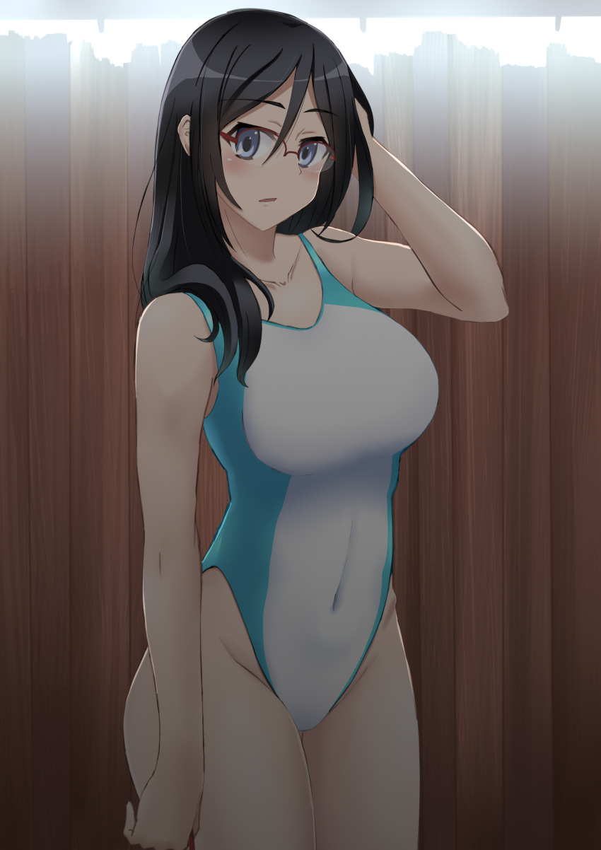 1girl absurdres black_hair blue_eyes breasts competition_swimsuit covered_navel glasses hair_between_eyes hibike!_euphonium highleg highleg_swimsuit highres large_breasts long_hair looking_at_viewer one-piece_swimsuit opp red-framed_eyewear semi-rimless_eyewear solo standing swimsuit tanaka_asuka white_swimsuit