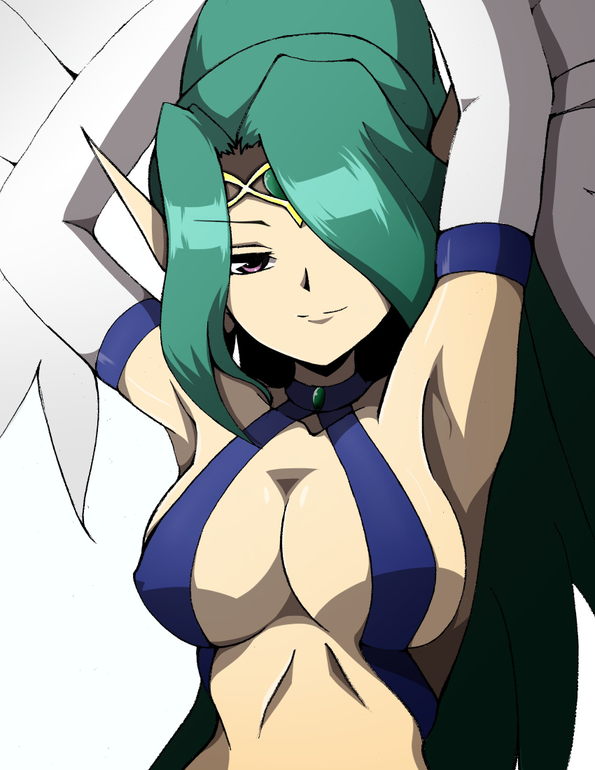 1girl absurdres armpits arms_behind_head breasts cleavage crown duel_monster eyebrows_visible_through_hair feathered_wings feathers green_hair hair_over_one_eye halterneck harpie_queen harpy highres kairi69jp large_breasts long_hair looking_at_viewer monster_girl pointy_ears ponytail simple_background smile solo upper_body violet_eyes white_background wings yu-gi-oh! yuu-gi-ou yuu-gi-ou_duel_monsters