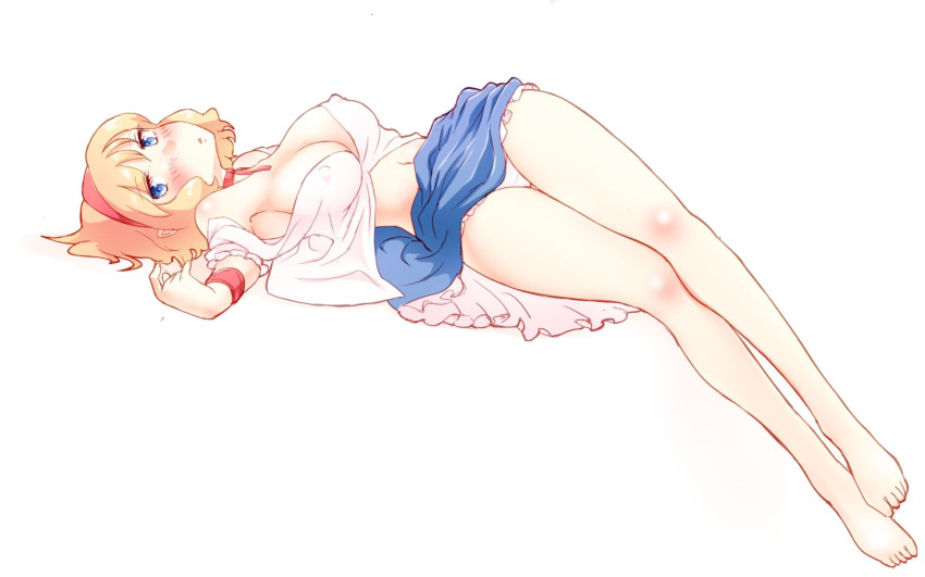 1girl alice_margatroid armpits bare_legs barefoot blonde_hair blue_eyes blue_skirt blush breasts commentary_request erect_nipples large_breasts lolita_fashion looking_at_viewer navel neck_ribbon non_(z-art) panties parted_lips puffy_short_sleeves puffy_sleeves ribbon shirt_pull short_sleeves simple_background skirt touhou unbuttoned unbuttoned_shirt underwear upskirt white_background white_panties