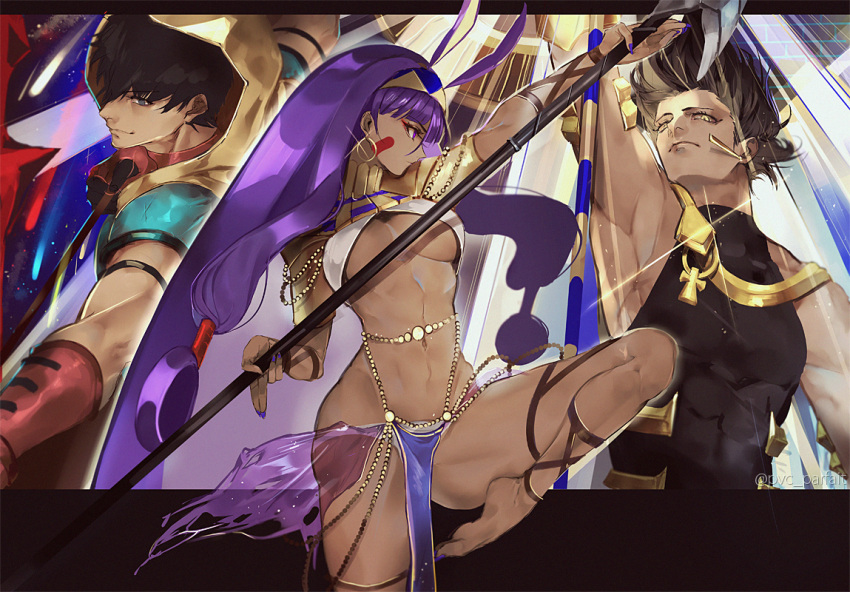 1girl 2boys aiming animal_ears ankle_strap arash_(fate) arm_strap arm_up armpits arror bangs big_hair black_gloves black_hair breasts closed_mouth collarbone commentary_request cross dark_skin earrings egyptian_clothes eyeliner facial_mark fate/grand_order fate_(series) forehead glint gloves grey_eyes hairband holding holding_lance holding_weapon hood hood_up hoop_earrings jewelry lance leg_up loincloth long_hair makeup medium_breasts multiple_boys muscle nail_polish navel nitocris_(fate/grand_order) ozymandias_(fate) polearm profile purple_hair purple_nails pvc_parfait revealing_clothes see-through shoulder_armor sidelocks sleeveless smile standing standing_on_one_leg stomach straight_hair thigh_strap toenail_polish twitter_username two-tone_hairband under_boob very_long_hair violet_eyes weapon yellow_eyes