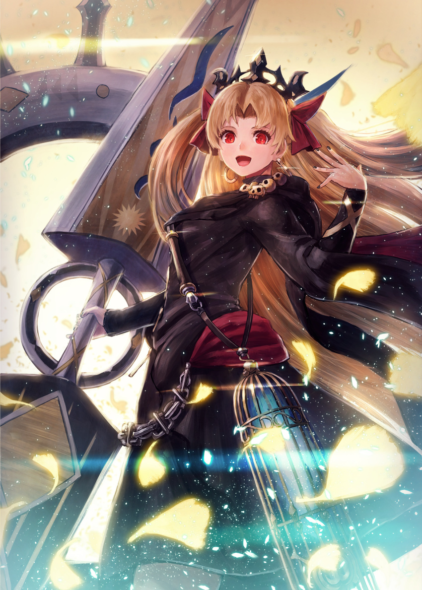1girl :d bangs black_cape black_dress black_nails blonde_hair blurry cage cape chains commentary_request depth_of_field dress earrings ereshkigal_(fate/grand_order) fate/grand_order fate_(series) feet_out_of_frame fingernails hair_ribbon highres holding holding_weapon hoop_earrings jewelry kuroi_susumu long_hair long_sleeves looking_at_viewer nail_polish open_mouth red_eyes ribbon skull smile solo standing tiara two_side_up very_long_hair weapon