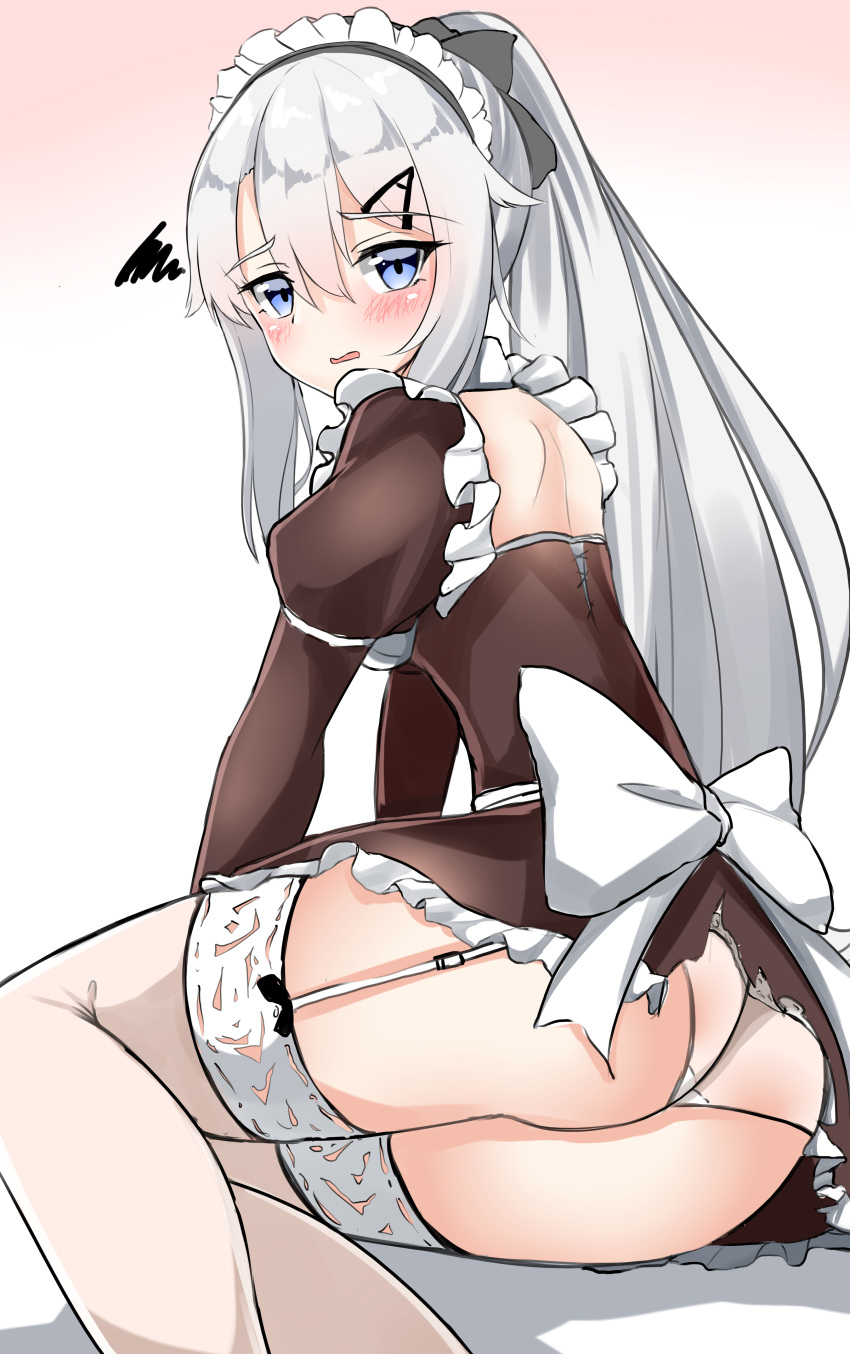1girl 9a-91_(girls_frontline) absurdres alternate_costume alternate_hairstyle ass bangs black_bow blue_eyes blush bow brown_background brown_dress dress eyebrows_visible_through_hair frilled_dress frills garter_straps girls_frontline gradient gradient_background hair_between_eyes hair_bow high_ponytail highres juliet_sleeves long_hair long_sleeves looking_at_viewer looking_back maid_headdress moyoron panties parted_lips puffy_sleeves shadow shoulder_blades silver_hair solo thigh-highs underwear very_long_hair white_background white_bow white_legwear white_panties