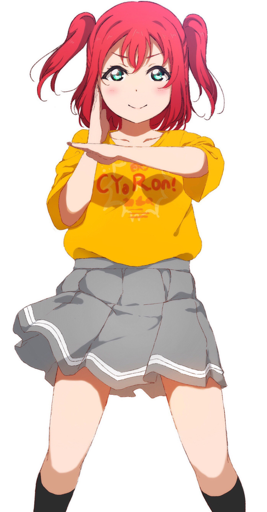 &gt;:) 1girl absurdres aqua_eyes closed_mouth collarbone cyaron_(love_live!) eyebrows_visible_through_hair hand_gesture highres icehotmilktea kurosawa_ruby love_live! love_live!_sunshine!! pleated_skirt redhead shirt short_sleeves skirt smile socks solo t-shirt two_side_up v-shaped_eyebrows