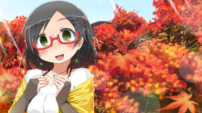 1girl :d autumn_leaves bespectacled blush bridal_gauntlets casual collarbone day earrings earth_ekami eyebrows_visible_through_hair gem glasses green_eyes grey_hair hair_ornament hairclip hands_up head_tilt highres hill jewelry kantai_collection kuroshio_(kantai_collection) leaf lens_flare light_particles light_rays maple_leaf maple_tree medium_hair necklace open_mouth outdoors pendant red-framed_eyewear remodel_(kantai_collection) round_teeth semi-rimless_eyewear shawl shirt signature smile solo sunbeam sunlight teeth tree under-rim_eyewear upper_body white_shirt