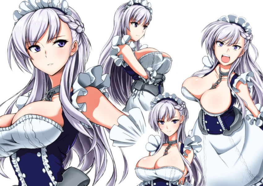 1girl apron arm_guards arms_under_breasts azur_lane bangs belfast_(azur_lane) blue_eyes blush braid breasts chains cleavage closed_mouth collar collarbone corset dress eyebrows_visible_through_hair french_braid frilled_sleeves frills gloves koutarou_(plusdrive) large_breasts long_hair looking_at_viewer maid maid_headdress multiple_views open_mouth parted_lips sidelocks silver_hair simple_background smile solo white_background white_gloves