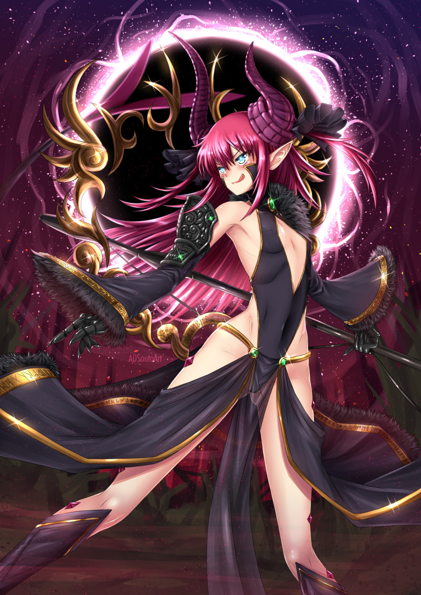 1girl :p adsouto artist_name ass_visible_through_thighs asymmetrical_horns blue_eyes blush bow breasts claws cleavage_cutout commentary covered_navel covered_nipples curled_horns detached_sleeves dragon_girl dragon_horns dragon_tail elizabeth_bathory_(fate) elizabeth_bathory_(fate)_(all) english_commentary eyebrows_visible_through_hair fate/grand_order fate_(series) fur_trim highres horns legs_apart leotard long_hair looking_to_the_side night pelvic_curtain pink_hair pointy_ears see-through small_breasts solo tail tail_bow tongue tongue_out watermark