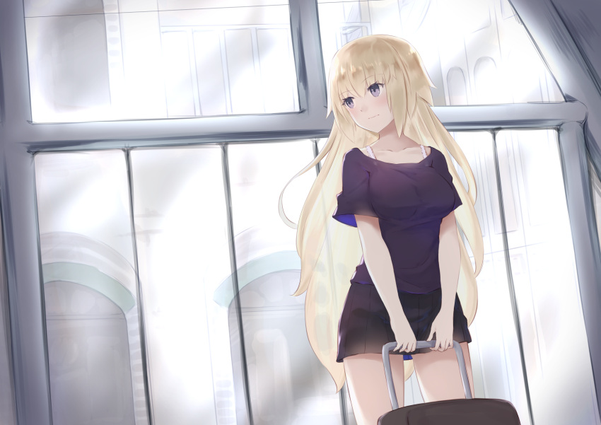 1girl bangs bare_shoulders black_skirt blonde_hair blush bra_strap breasts casual chinese_commentary collarbone commentary_request cowboy_shot day eyebrows_visible_through_hair fate/apocrypha fate/grand_order fate_(series) highres holding indoors jeanne_d'arc_(fate) jeanne_d'arc_(fate)_(all) jilu long_hair looking_away looking_to_the_side medium_breasts miniskirt off-shoulder_shirt pleated_skirt rolling_suitcase shirt short_sleeves skirt solo standing very_long_hair violet_eyes window