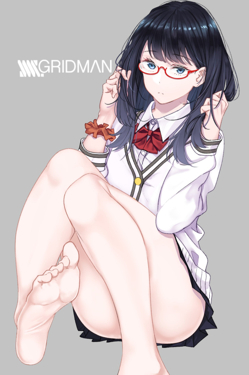 1girl adjusting_hair bangs bare_legs barefoot black_hair blazer blue_eyes bow cardigan closed_mouth commentary_request eyebrows_visible_through_hair feet glasses highres holding holding_hair jacket legs long_hair long_sleeves looking_at_viewer microskirt orange_scrunchie pleated_skirt red-framed_eyewear red_bow saitou_(lynx-shrike) school_uniform scrunchie semi-rimless_eyewear shirt sitting skirt soles ssss.gridman sweater takarada_rikka toes white_cardigan white_shirt white_sweater wrist_scrunchie