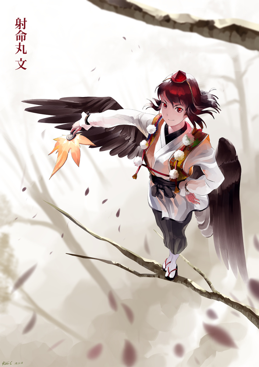 1girl bare_tree bird_wings black_hair blurry brown_eyes character_name depth_of_field feather_fan feathered_wings from_above geta hair_blowing hand_on_hip hat heart heart-shaped_pupils highres in_tree kourindou_tengu_costume looking_at_viewer outstretched_arm riki6 shameimaru_aya short_hair smile solo standing symbol-shaped_pupils tabi tengu-geta tokin_hat touhou tree wind wings