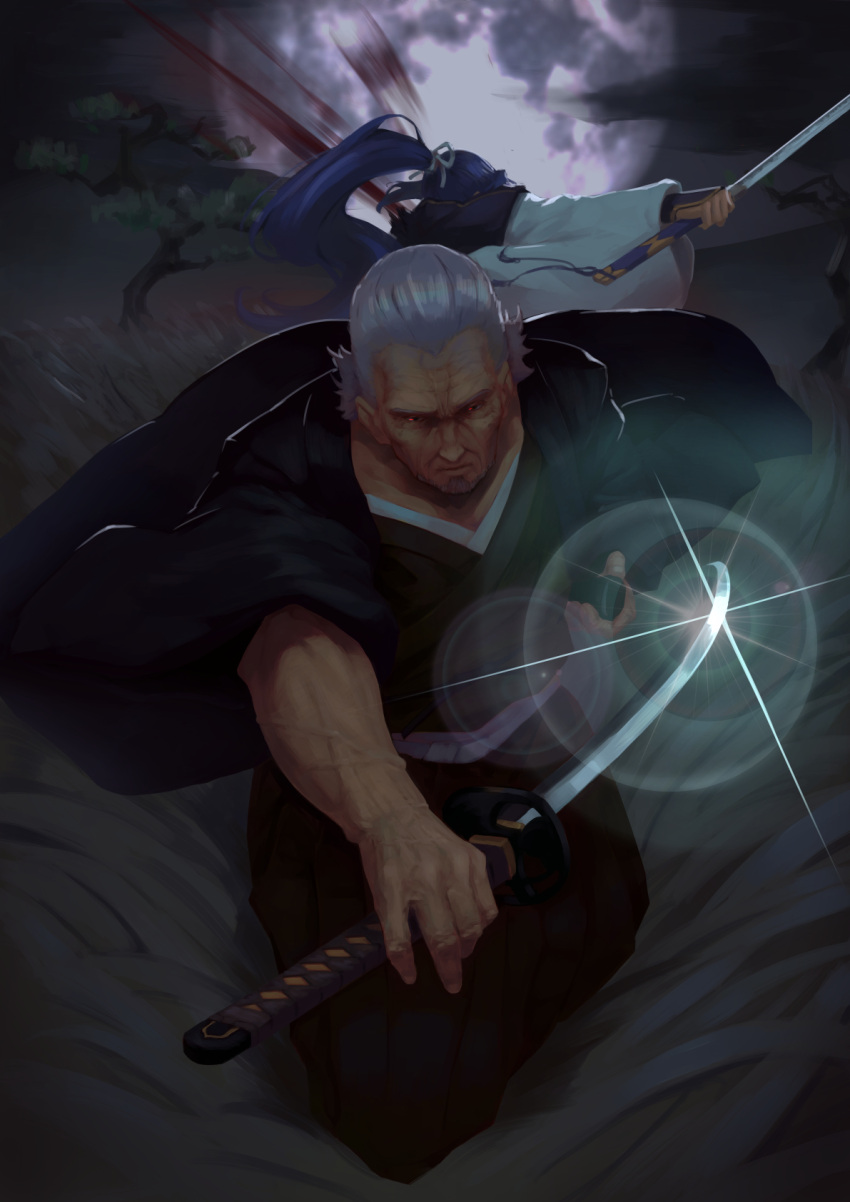 2boys arm_at_side assassin_(fate/stay_night) back-to-back blood blood_splatter blue_hair dark_skin dark_skinned_male duel dying expressionless fate_(series) field floating_hair full_body full_moon glint glowing glowing_eyes grass highres holding holding_sheath holding_sword holding_weapon japanese_clothes jhc_kai katana lens_flare long_hair manly monohoshizao moon multiple_boys night outstretched_arm ponytail red_eyes ribbon sheath shiny shiny_hair silver_hair sword tall_grass tassel tree veins vest weapon white_ribbon wide_sleeves wrinkles yagyuu_munenori_(fate/grand_order)