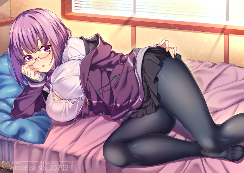 1girl artist_name bangs bedroom black_legwear black_skirt blush breasts bursting_breasts collared_shirt commentary_request eyebrows_visible_through_hair highres indoors jacket large_breasts lavender_hair long_sleeves looking_at_viewer lying miniskirt on_bed on_side pantyhose pleated_skirt purple_jacket shinjou_akane shiny shiny_clothes shirokuma_a shirt short_hair skirt solo ssss.gridman thighs white_shirt window
