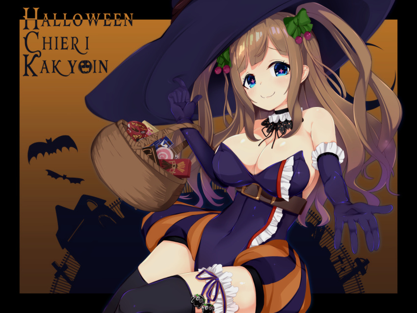 +_+ .live 1girl akiiro basket belt black_gloves black_legwear blue_eyes blush bow breasts brown_hair candy cherry cherry_hair_ornament cleavage closed_mouth elbow_gloves eyebrows_visible_through_hair food food_themed_hair_ornament fruit gloves green_bow hair_bow hair_ornament halloween happy_halloween highres holding holding_basket kakyouin_chieri large_breasts long_hair looking_at_viewer smile solo thigh-highs twintails virtual_youtuber