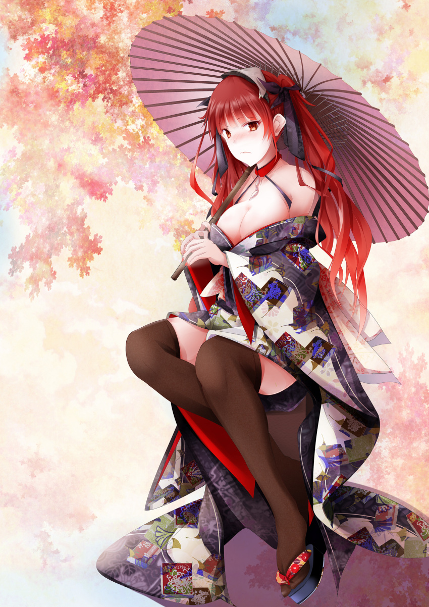 1girl absurdres azur_lane bangs bare_shoulders blush breasts cleavage fudo_shin hair_ornament hairband highres honolulu_(azur_lane) japanese_clothes kimono large_breasts long_hair looking_at_viewer nail_polish red_eyes redhead sitting solo thigh-highs