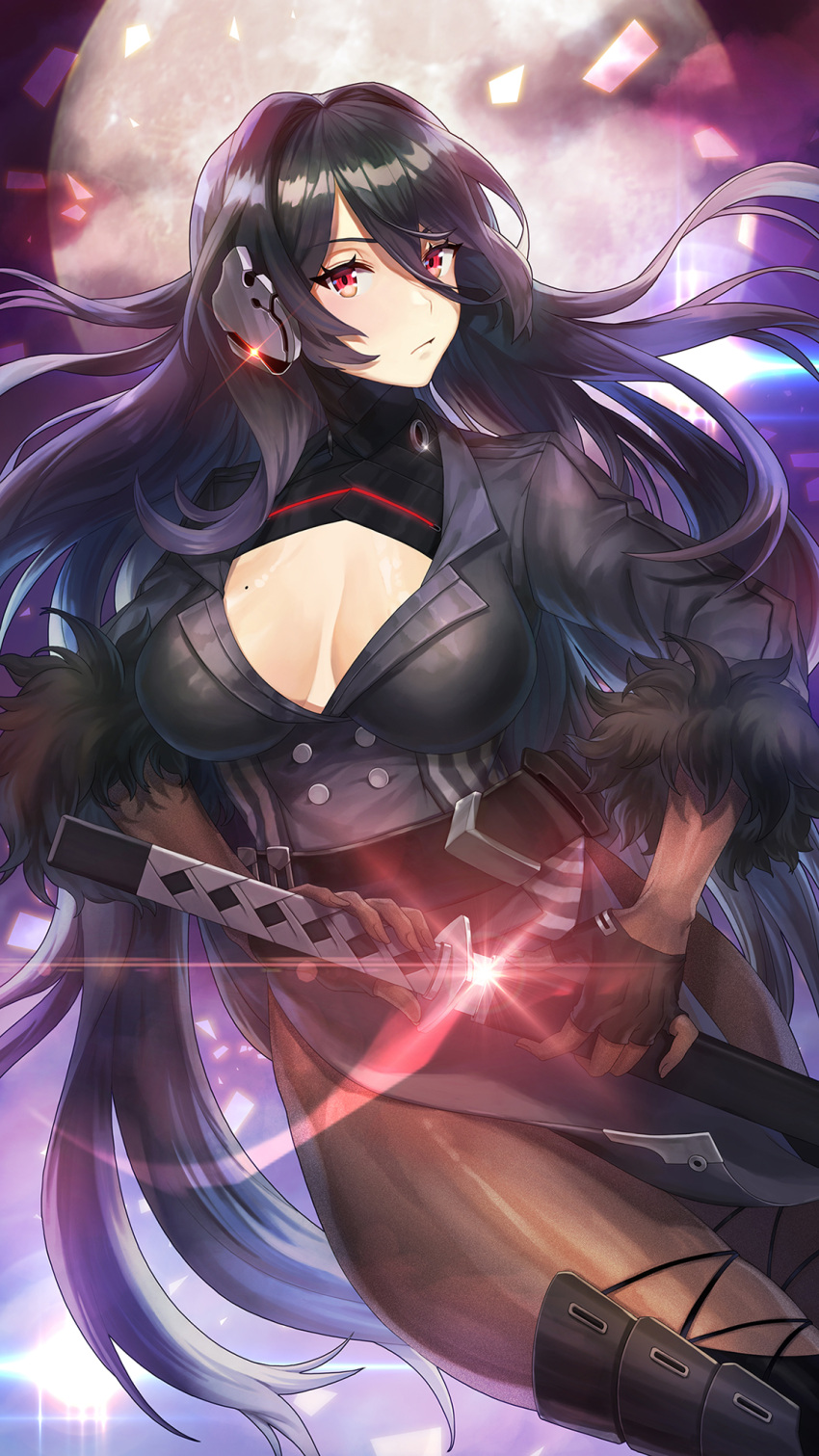 1girl black_gloves black_hair black_legwear blurry blurry_background breasts cleavage cleavage_cutout fingerless_gloves full_moon glint gloves hair_between_eyes headset highres iron_saga large_breasts long_hair looking_at_viewer mole mole_on_breast moon night noixen oboro_(iron_saga) outdoors pantyhose red_eyes sheath solo unsheathing very_long_hair