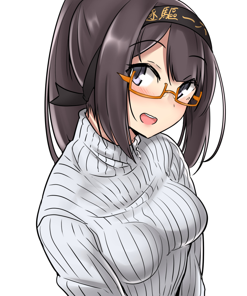 1girl :d absurdres akizuki_(kantai_collection) bangs black_hair blue_eyes blush breasts commentary eyebrows_visible_through_hair glasses glasses_day hachimaki hair_ornament hairband headband highres kantai_collection kiritto long_hair looking_at_viewer medium_breasts open_mouth orange-framed_eyewear ponytail ribbed_sweater semi-rimless_eyewear sidelocks simple_background smile solo sweater turtleneck turtleneck_sweater upper_body white_background