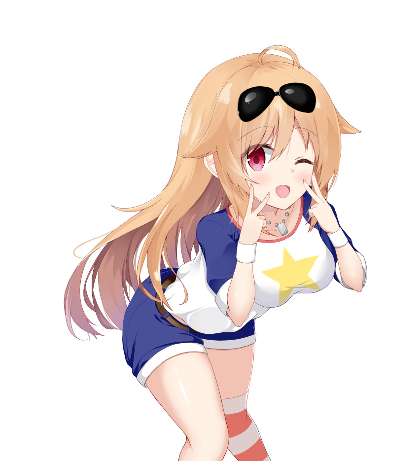 1girl ;d absurdres asymmetrical_legwear azur_lane bangs blue_shorts blush breasts brown_belt collarbone columbia_(azur_lane) commentary_request double_v eyebrows_visible_through_hair eyewear_on_head fingernails hair_between_eyes highres large_breasts leaning_forward light_brown_hair long_hair looking_at_viewer one_eye_closed open_mouth roido_(taniko-t-1218) shirt short_shorts short_sleeves shorts simple_background single_thighhigh smile solo star striped striped_legwear sunglasses thigh-highs v very_long_hair white_background white_shirt wristband