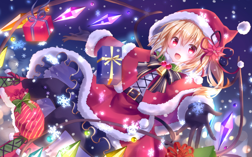 1girl :d alternate_costume bell belt belt_buckle black_gloves black_legwear blonde_hair blush boots bow bowtie box buckle capelet christmas cross-laced_clothes cross-laced_footwear crystal dutch_angle eyebrows_visible_through_hair fang feeding flandre_scarlet flower fur-trimmed_capelet fur-trimmed_hood fur-trimmed_skirt fur-trimmed_sleeves fur_trim gift gift_box gloves hair_flower hair_ornament hat highres holly hood hood_up hooded_capelet knee_boots kure~pu lace-up_boots long_sleeves looking_at_viewer medium_hair night night_sky one_side_up open_mouth outstretched_arms pantyhose poinsettia pom_pom_(clothes) red_eyes red_skirt santa_costume santa_hat skirt sky smile snowflakes snowing solo spread_arms striped striped_bow touhou wings