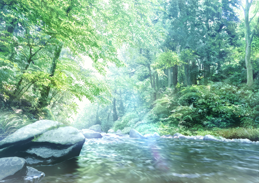 absurdres bush commentary_request day forest grass highres huge_filesize leaf mahiro_(mahiroht) nature no_humans original outdoors river rock scenery sunlight tree water