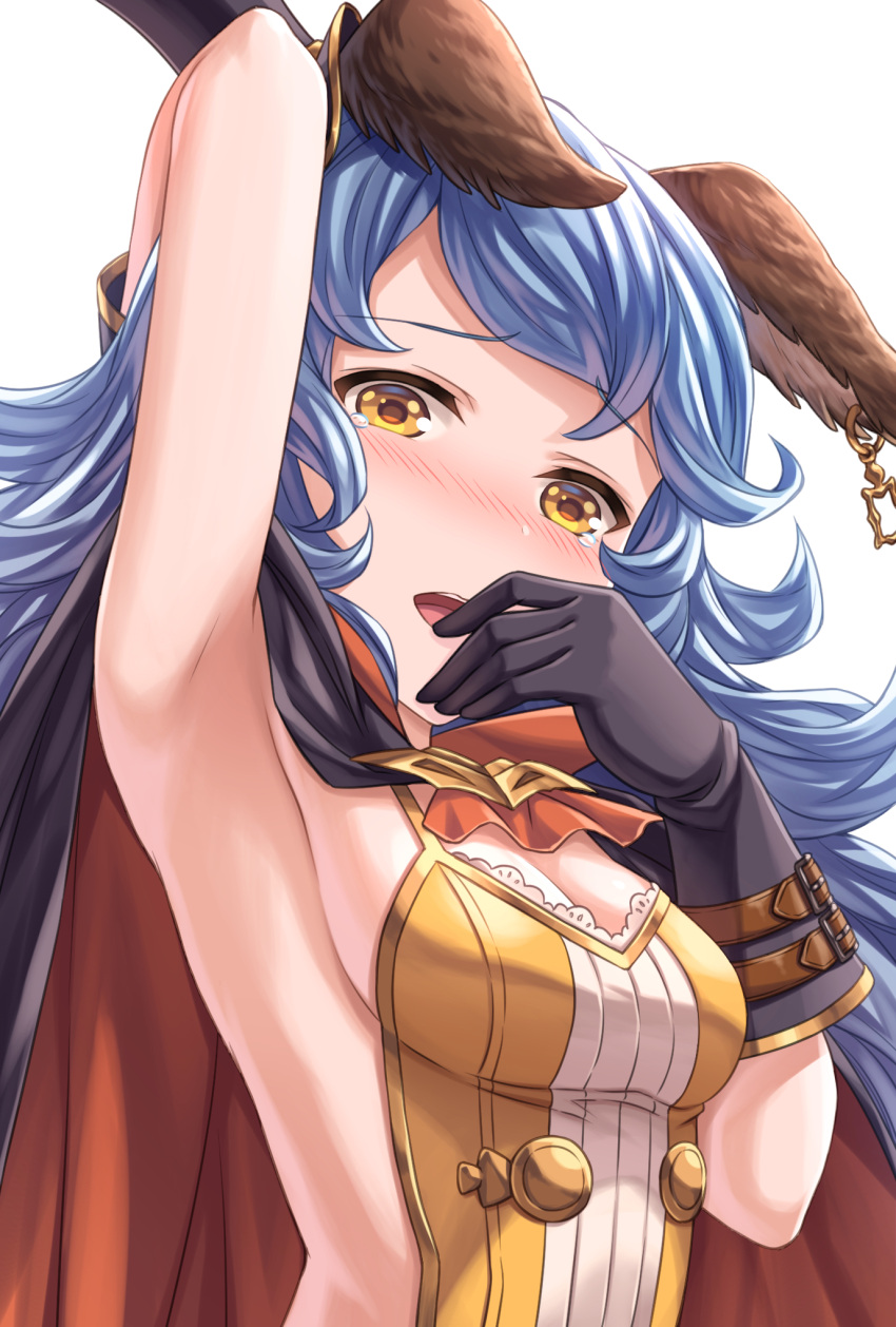 1girl animal_ears arm_up armpits black_gloves blue_hair breasts cape cleavage commentary_request earrings eyebrows_visible_through_hair ferry_(granblue_fantasy) gloves granblue_fantasy highres jewelry long_hair looking_at_viewer medium_breasts open_mouth sideboob simple_background solo tears tomo_(user_hes4085) white_background yellow_eyes