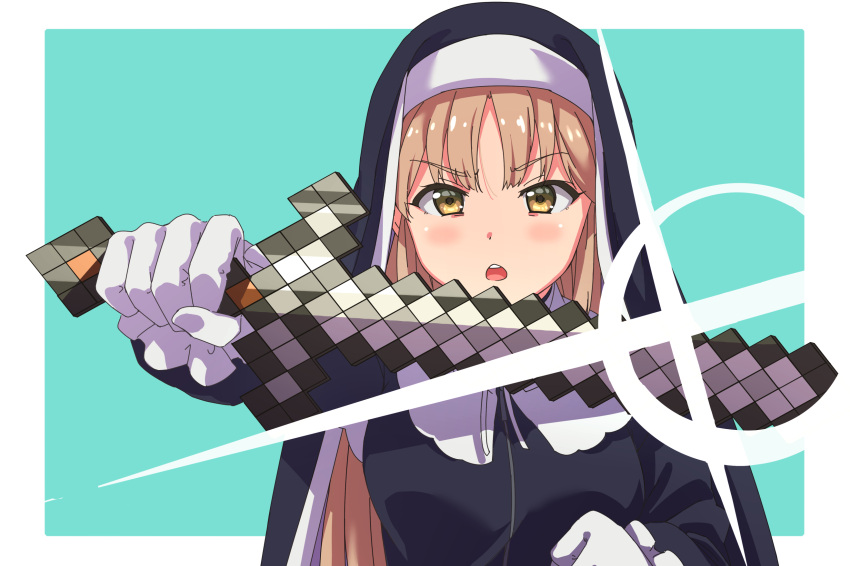 1girl black_dress blonde_hair blue_background blush chestnut_mouth commentary_request dress eyebrows_visible_through_hair glint gloves habit highres holding holding_sword holding_weapon karahai_(31448823) long_hair long_sleeves looking_at_viewer minecraft nijisanji nun open_mouth outstretched_arm round_teeth simple_background sister_cleaire sword teeth upper_body upper_teeth v-shaped_eyebrows weapon white_gloves yellow_eyes