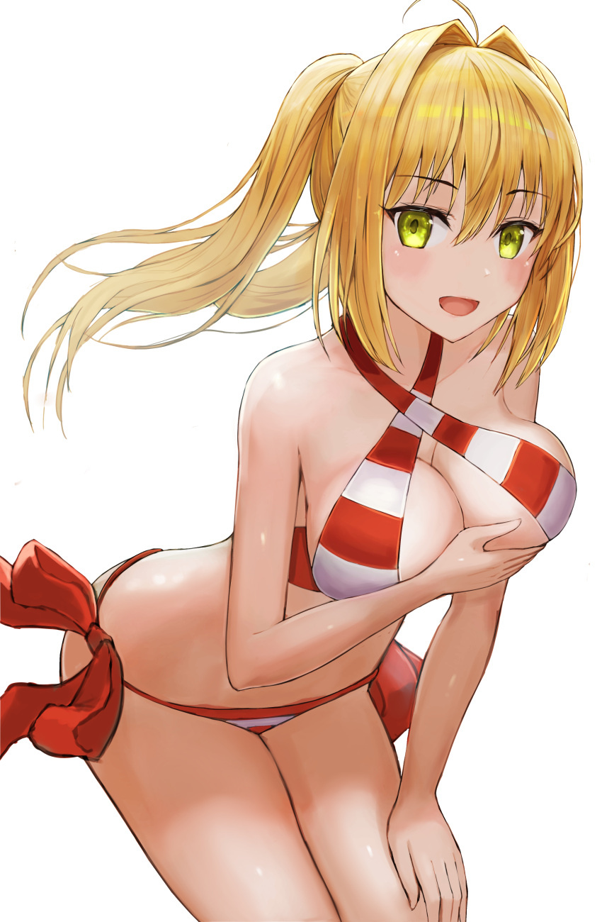 1girl :d absurdres ahoge bangs bare_arms bare_shoulders bikini blonde_hair blush breast_hold breasts cleavage collarbone commentary_request cowboy_shot criss-cross_halter eyebrows_visible_through_hair fate/grand_order fate_(series) green_eyes hair_between_eyes hair_intakes halterneck hand_on_own_thigh highres hoshibudou large_breasts leaning_forward long_hair looking_at_viewer nero_claudius_(fate)_(all) nero_claudius_(swimsuit_caster)_(fate) open_mouth red_bikini red_ribbon ribbon side-tie_bikini simple_background smile solo striped striped_bikini swimsuit twintails white_background