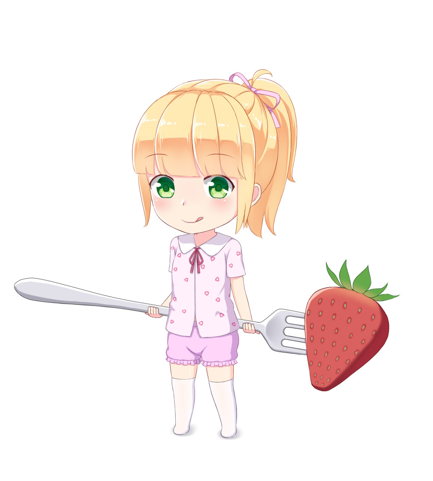 1girl :p abwan bangs blush brown_hair chibi closed_mouth collared_shirt dress_shirt eyebrows_visible_through_hair food fork frilled_shorts frills fruit full_body green_eyes hair_ribbon heart heart_print highres holding holding_fork looking_at_viewer minigirl no_shoes original oversized_object pink_ribbon pink_shirt pink_shorts ponytail print_shirt ribbon shadow shirt short_shorts short_sleeves shorts sidelocks smile solo standing strawberry thigh-highs tongue tongue_out white_background white_legwear