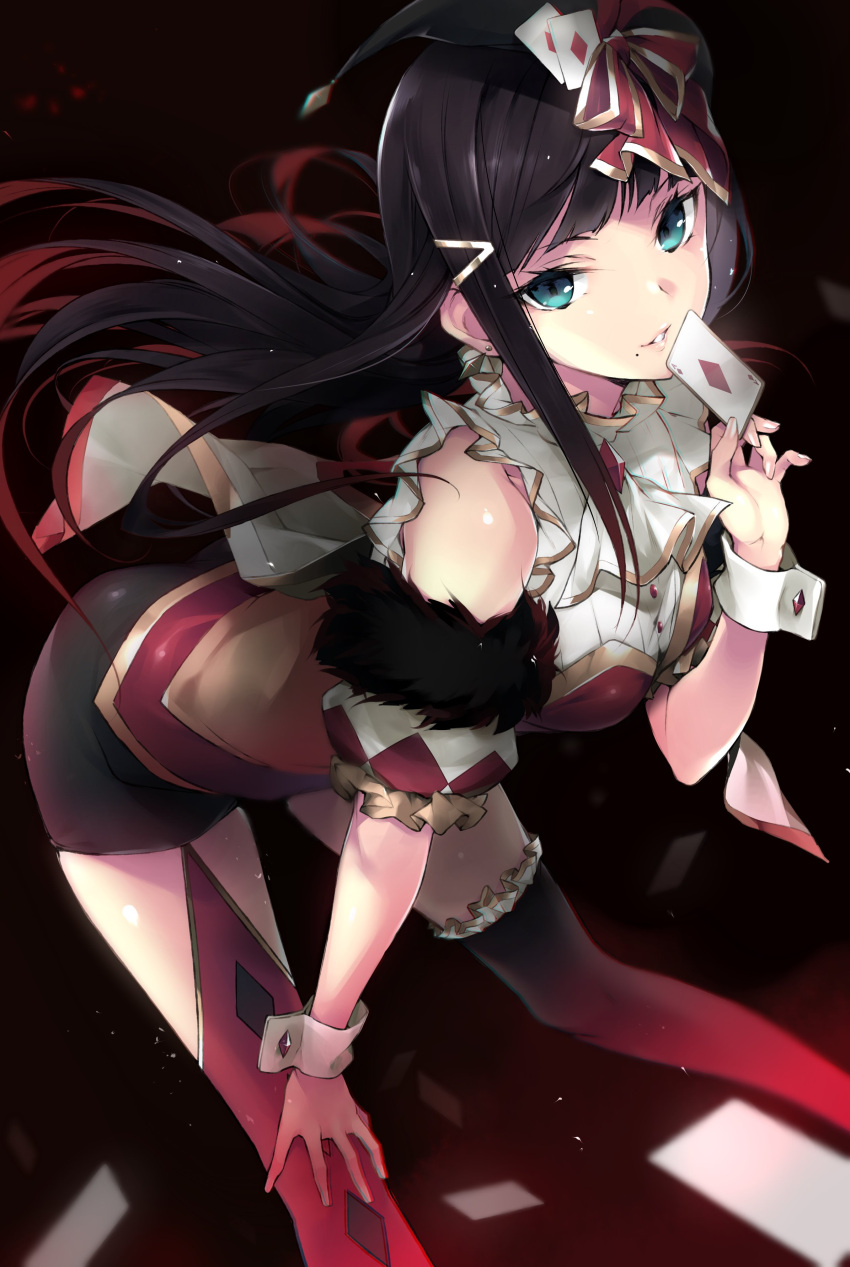 1girl absurdres ace_of_diamonds aqua_eyes ascot ass bangs black_hair black_legwear cape card dark_background detached_sleeves frilled_legwear frilled_shirt frilled_sleeves frills fur-trimmed_sleeves fur_trim garter_straps hair_ornament hair_ribbon hairclip hand_on_own_knee hario_4 hat highres holding holding_card jester_cap kneehighs kurosawa_dia leaning_forward long_hair looking_at_viewer love_live! love_live!_school_idol_project md5_mismatch mole mole_under_mouth parted_lips playing_card red_legwear red_ribbon ribbon shirt sidelocks smile solo white_background wrist_cuffs