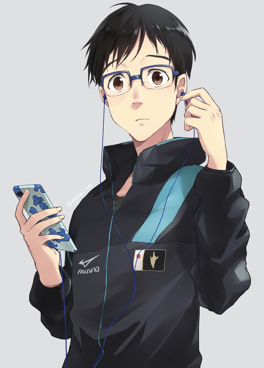 1boy black_hair blue-framed_eyewear brown_eyes cellphone earphones earphones glasses highres jacket katsuki_yuuri male_focus nakamu_405 phone smartphone track_jacket yuri!!!_on_ice