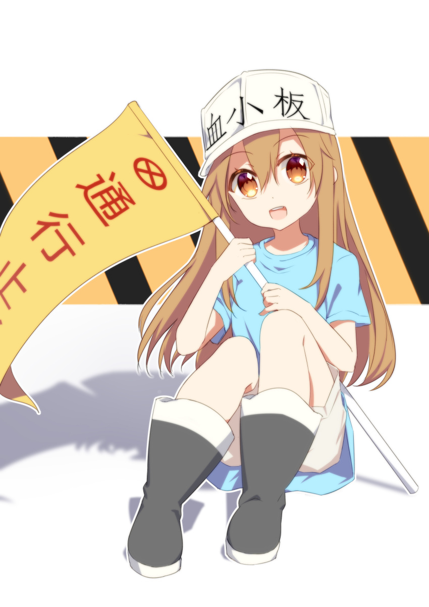 1girl :d absurdres black_footwear blue_shirt brown_eyes brown_hair character_name eyebrows_visible_through_hair flag hair_between_eyes hat hataraku_saibou highres holding holding_flag long_hair looking_at_viewer mo_(pixiv9929995) open_mouth platelet_(hataraku_saibou) shirt short_sleeves sitting smile solo white_background white_hat