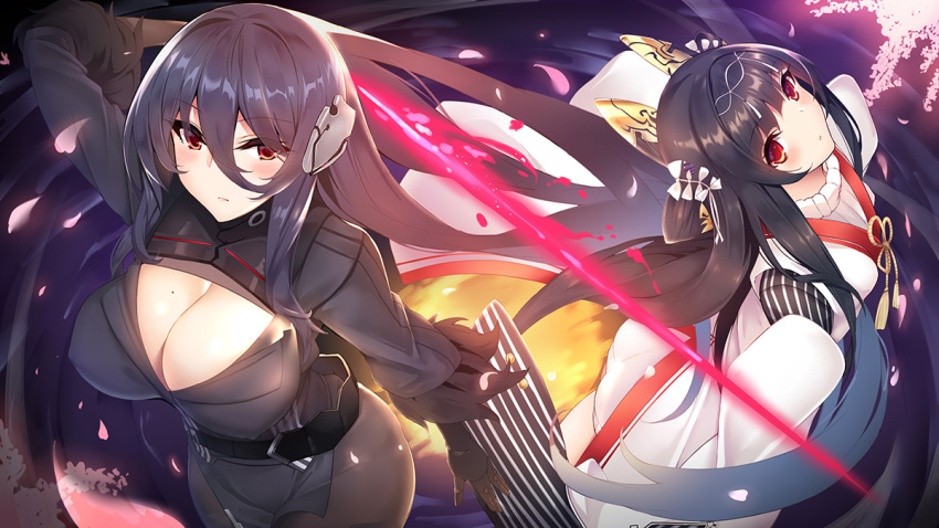 2girls :o bangs black_dress black_gloves black_hair blush breasts brown_hair brown_legwear cleavage cleavage_cutout closed_mouth commentary_request dress eyebrows_visible_through_hair eyes_visible_through_hair flower gloves hair_between_eyes hair_ornament headgear iron_saga japanese_clothes kimono kurifuto large_breasts long_hair long_sleeves multiple_girls mutsuki_(iron_saga) oboro_(iron_saga) pantyhose parted_lips petals pink_flower red_eyes ribbed_sweater sleeves_past_fingers sleeves_past_wrists sweater tassel turtleneck turtleneck_sweater two_side_up very_long_hair white_kimono white_sweater wide_sleeves