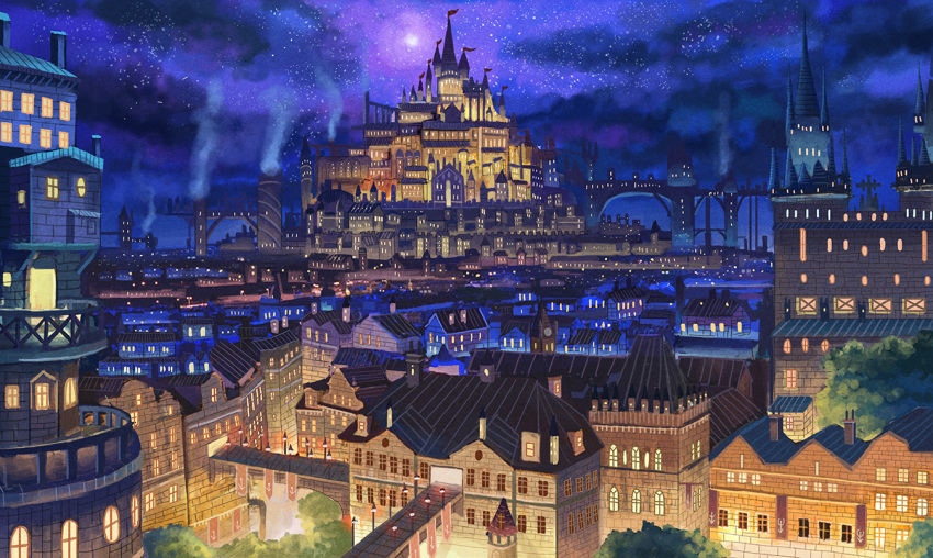 ame_sagari balcony banner battlement bridge building castle chimney city city_lights cityscape clouds cloudy_sky commentary_request fantasy flag lamppost moon night night_sky no_humans original outdoors purple_sky railing scenery sky smoke smokestack star_(sky) starry_sky tower tree window