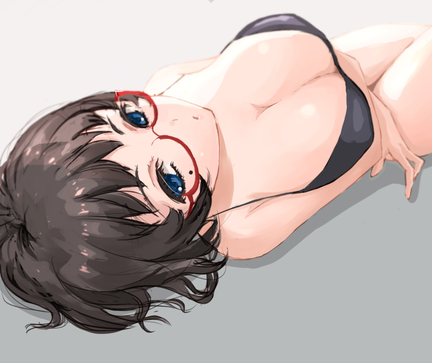 1girl bikini black_hair blue_eyes breasts cleavage glasses grey_background highres large_breasts lying mole mole_under_eye on_back original red-framed_eyewear rony sketch swimsuit