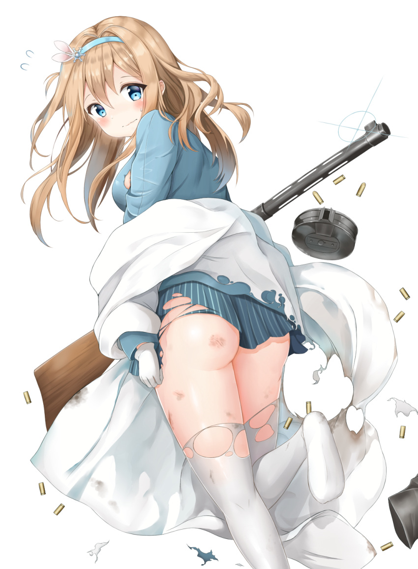 1girl ass bangs blue_eyes blue_hairband blue_jacket blue_skirt blush bruise closed_mouth commentary_request drum_magazine eyebrows_visible_through_hair flying_sweatdrops girls_frontline gloves gun hair_between_eyes hair_ornament hairband highres injury jacket light_brown_hair long_hair long_sleeves looking_at_viewer looking_back mentai_mayo no_shoes object_namesake shell_casing simple_background skirt snowflake_hair_ornament soles solo standing standing_on_one_leg striped submachine_gun suomi_kp/-31 suomi_kp31_(girls_frontline) sweat thigh-highs torn_clothes torn_skirt torn_thighhighs vertical-striped_skirt vertical_stripes wavy_mouth weapon white_background white_gloves white_legwear