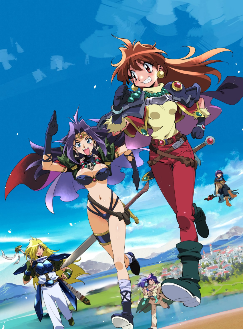 3boys 3girls amelia_wil_tesla_seyruun araizumi_rui armor belt bikini blonde_hair blue_eyes blue_hair boots cape carrying circlet crossed_belts day earrings fingerless_gloves flying gloves gourry_gabriev grin highres jewelry lina_inverse multiple_boys multiple_girls naga_the_serpent navel official_art open_mouth outdoors pauldrons piggyback purple_hair red_eyes redhead running sheath sheathed slayers smile swimsuit sword thigh_strap weapon xelloss zelgadiss_graywords