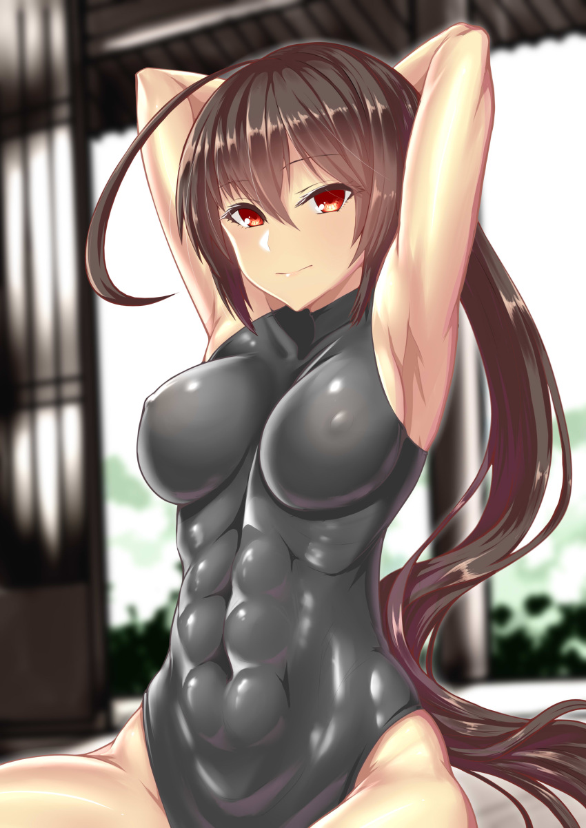 1girl abs absurdres ahoge armpits arms_up black_hair c.rabbit eyebrows_visible_through_hair highres huge_ahoge leotard looking_at_viewer m.u.g.e.n original red_eyes sendai_hakurei_no_miko sitting skin_tight solo toned touhou