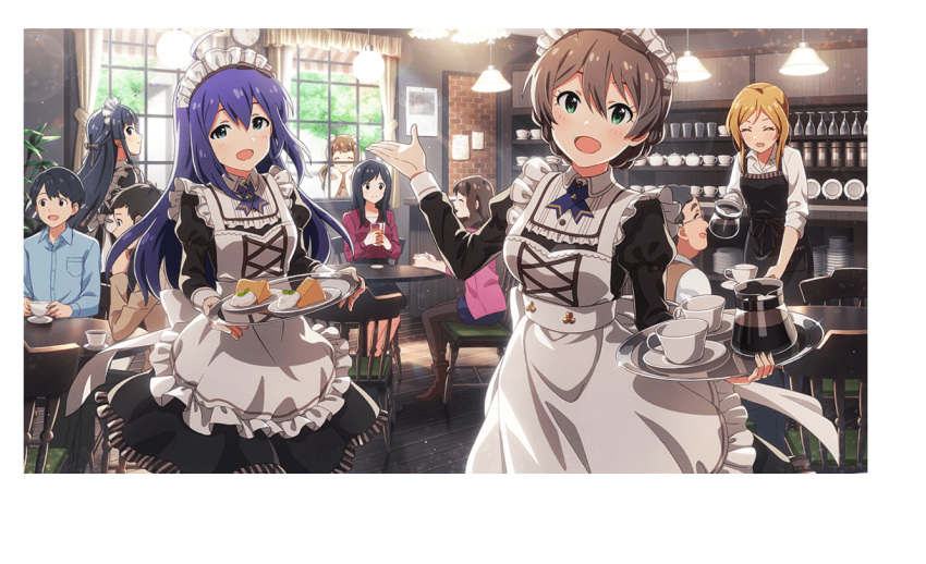 2girls apron black_eyes blue_eyes blue_hair blush brown_hair dress headdress idolmaster idolmaster_million_live! idolmaster_million_live!_theater_days long_hair maid mochizuki_anna sakuramori_kaori short_hair smile