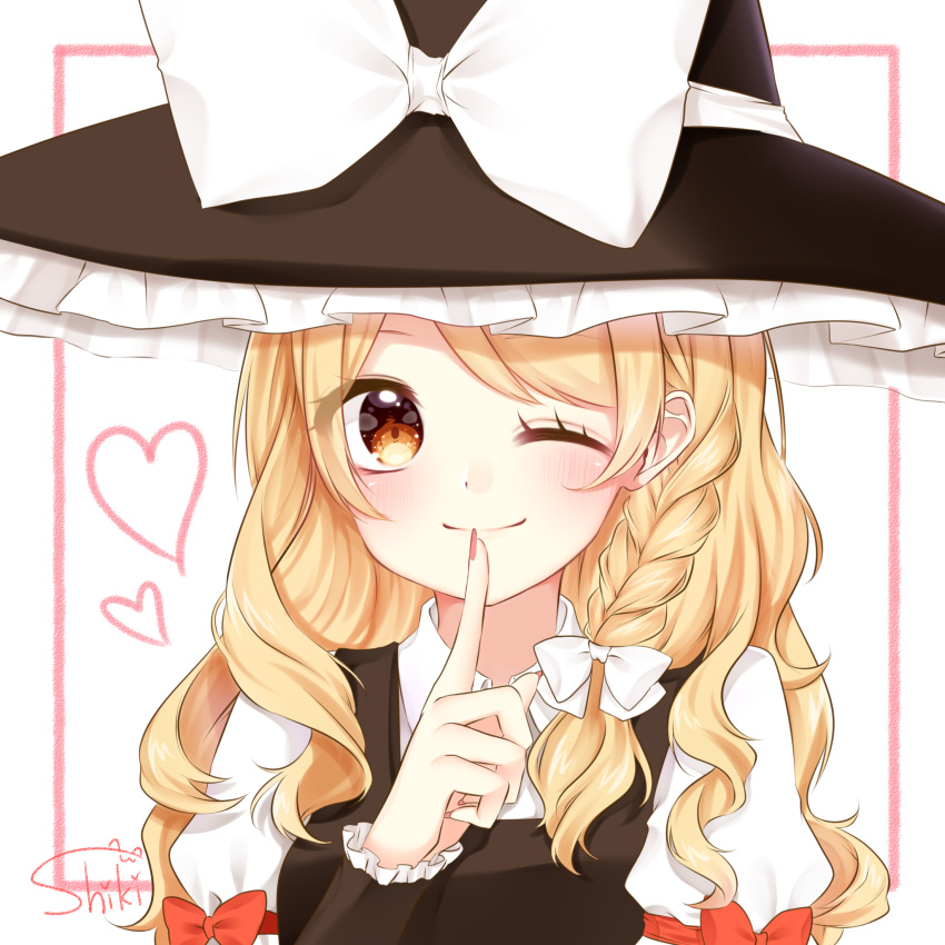 1girl artist_name blonde_hair blush border bow braid closed_mouth commentary_request eyes_visible_through_hair finger_to_mouth hair_bow hat hat_bow heart highres kirisame_marisa long_hair one_eye_closed pink_border red_bow shiki_(s1k1xxx) signature simple_background smile solo touhou white_bow witch_hat yellow_eyes