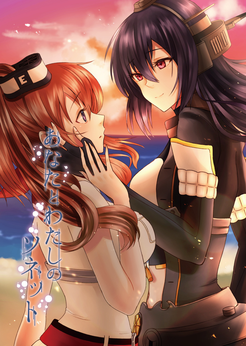 2girls absurdres black_gloves black_hair blue_eyes brown_hair clouds commentary_request cover elbow_gloves from_side gloves hair_between_eyes hand_on_another's_cheek hand_on_another's_face headgear highres ikahana_(ichikayuzu7) kantai_collection long_hair looking_at_another multiple_girls nagato_(kantai_collection) ocean orange_sky parted_lips partly_fingerless_gloves red_eyes remodel_(kantai_collection) saratoga_(kantai_collection) shirt short_sleeves sky smile translated upper_body white_shirt yuri