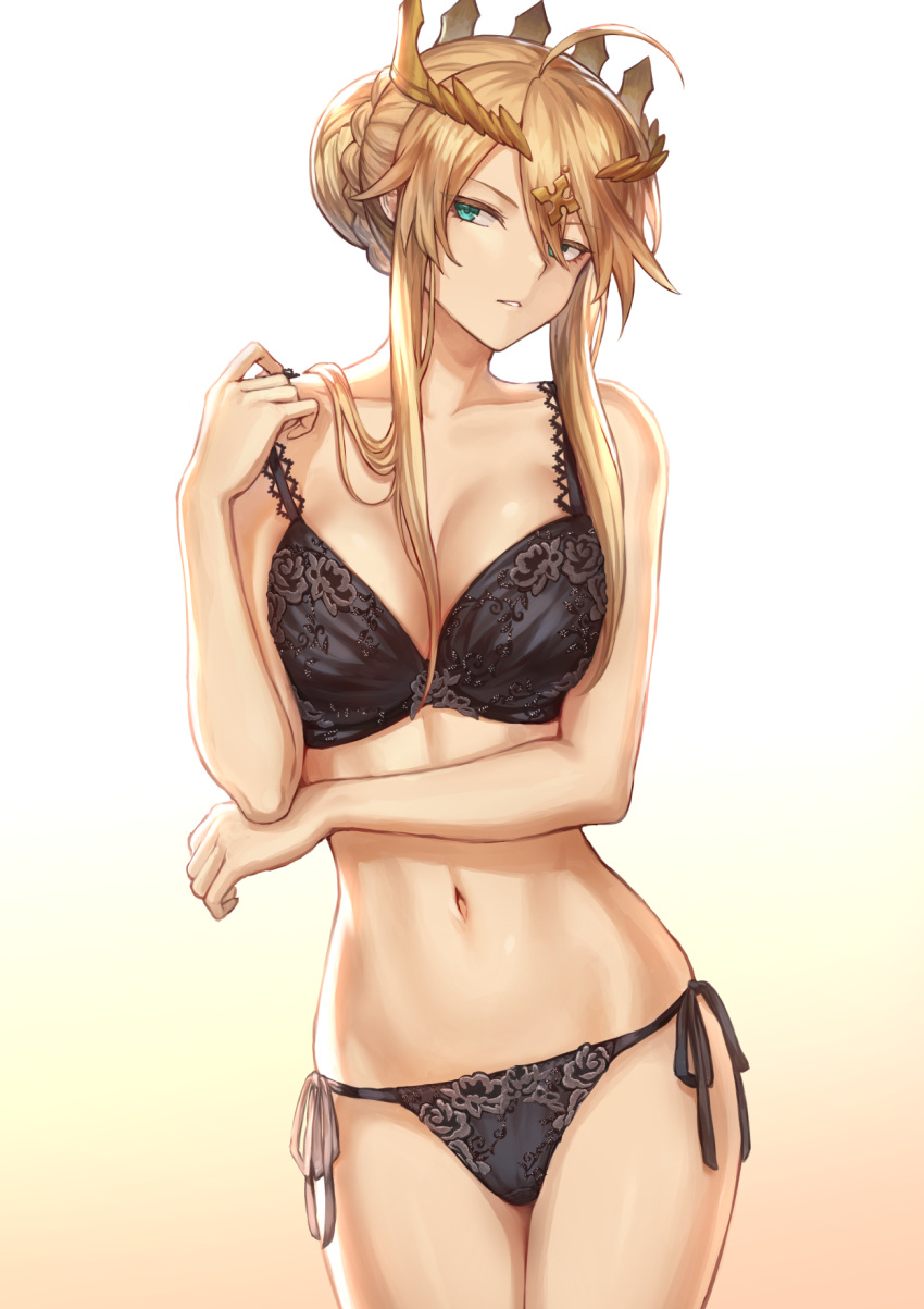 1girl adjusting_bra adjusting_clothes ahoge arm_across_waist artoria_pendragon_(all) artoria_pendragon_(lancer) bangs black_bra black_panties blonde_hair bra braid breasts cleavage collarbone cowboy_shot crown crown_braid eyebrows_visible_through_hair fate/grand_order fate_(series) green_eyes groin hair_between_eyes hair_ornament highres large_breasts lingerie long_hair looking_at_viewer mashu_003 navel panties parted_lips side-tie_panties sidelocks signature simple_background solo stomach swept_bangs twitter_username underwear white_background