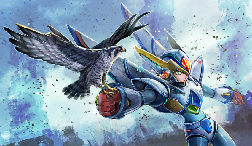 1boy android bird bird_of_prey capcom clenched_hand cowboy_shot dutch_angle falcon gloves green_eyes helmet kiwakiwa looking_to_the_side male_focus outstretched_arm peregrine_falcon power_armor red_gloves rockman rockman_x rockman_x5 serious x_(rockman)