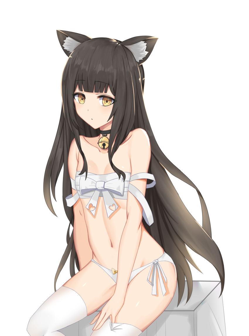 1girl absurdres animal_ear_fluff animal_ears bangs bare_arms bare_shoulders bell bell_choker black_choker blunt_bangs blush bow bow_panties brown_eyes brown_hair cat_ears choker closed_mouth collarbone eyebrows_visible_through_hair highres jingle_bell looking_at_viewer navel original panties roi_(liu_tian) sarashi side-tie_panties simple_background sitting solo thigh-highs thighhighs_pull topless underwear underwear_only white_background white_bow white_legwear white_panties