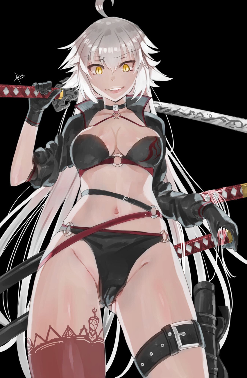 1girl ahoge ass_visible_through_thighs bikini black_background black_bikini black_gloves black_jacket breasts cleavage fate/grand_order fate_(series) gloves groin highres jacket jeanne_d'arc_(alter)_(fate) jeanne_d'arc_(fate)_(all) long_hair medium_breasts navel o-ring o-ring_bikini o-ring_top reeya simple_background sleeves_rolled_up slit_pupils smile solo standing swimsuit sword thigh_strap very_long_hair weapon white_hair yellow_eyes