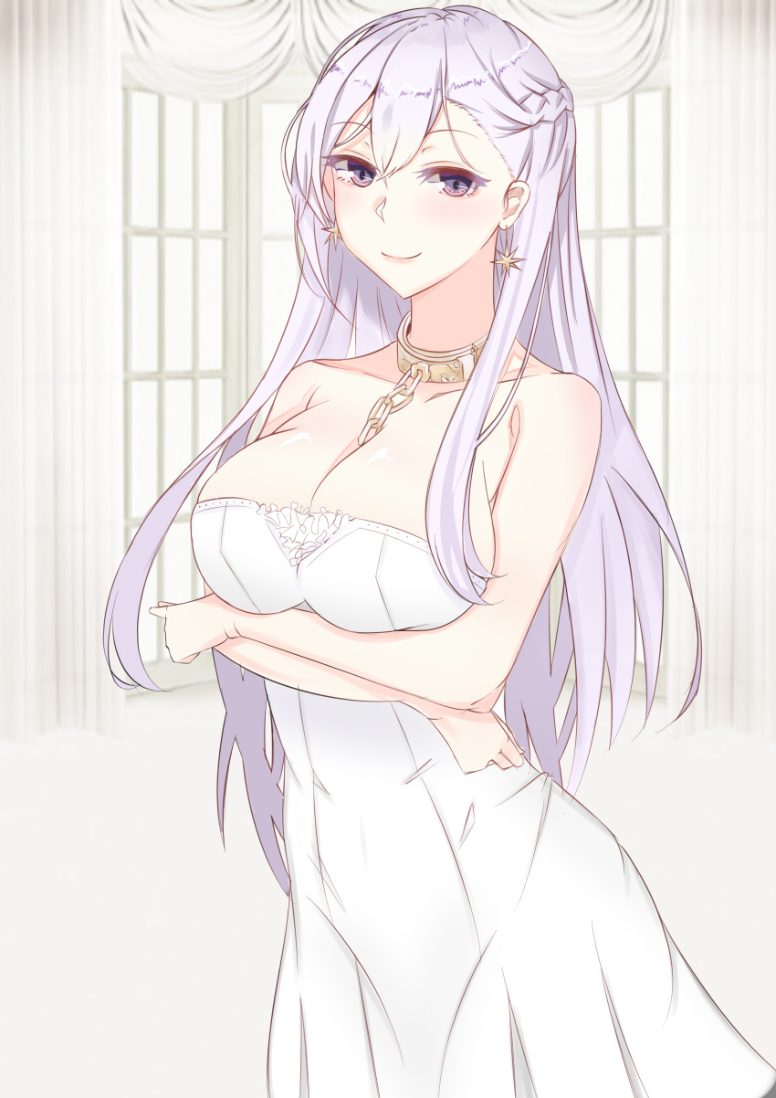 1girl absurdres arm azur_lane bare_arms bare_shoulders belfast_(azur_lane) between_breasts blush braid breast_hold breasts brown_eyes chains closed_mouth collarbone crossed_arms dress earrings eyebrows_visible_through_hair female formal french_braid hair_between_eyes hair_ornament highres indoors jewelry large_breasts long_hair looking_at_viewer neck neck_ring silver_hair simple_background smile solo standing strapless strapless_dress tastysalt white_dress window