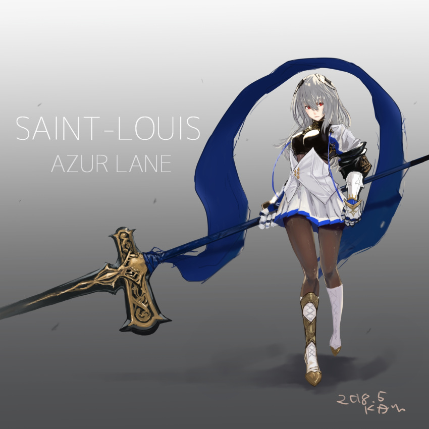 1girl azur_lane bangs breastplate breasts brown_shirt character_name closed_mouth corset dated diamond_(shape) expressionless fleur_de_lis floating_hair gauntlets gradient gradient_background grey_background grey_hair hair_between_eyes hair_ornament hand_up head_tilt highres holding holding_polearm holding_weapon jacket kdm_(ke_dama) large_breasts left-handed long_hair looking_away mid-stride miniskirt mole mole_under_eye pantyhose parted_lips pleated_skirt polearm polearm_behind_back red_eyes saint-louis_(azur_lane) shirt sidelocks signature simple_background skirt solo walking weapon white_footwear white_skirt